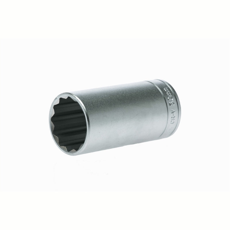 Silver Teng Tools 1/2" Deep Socket 12 Point with engraving of tool details on the side, bare tool on a white background