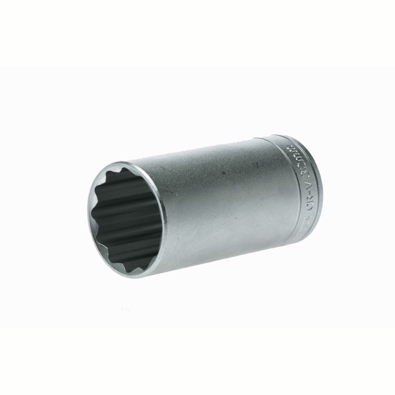 Silver Teng Tools 1/2" Deep Socket 12 Point with engraving of tool details on the side, bare tool on a white background