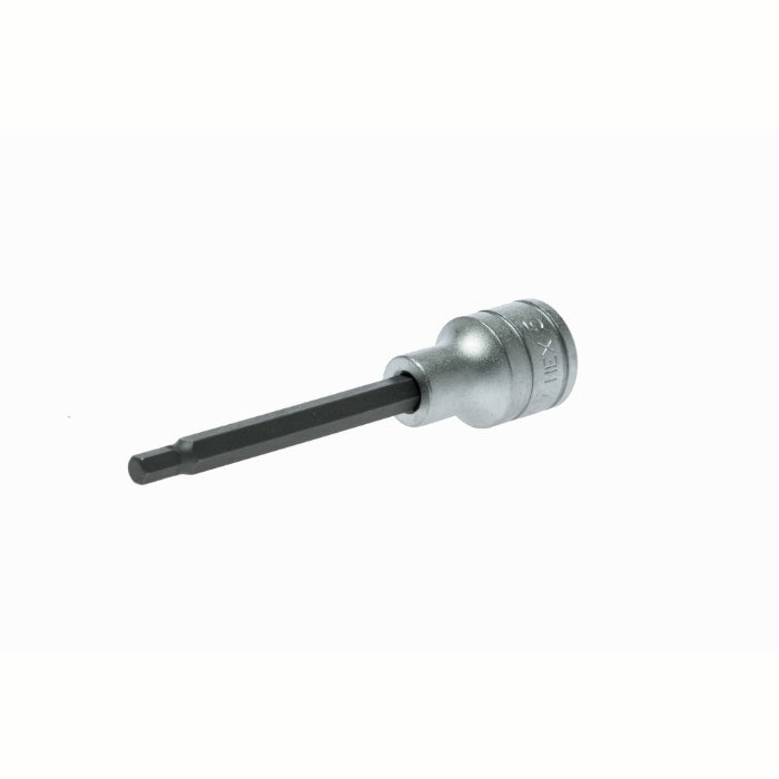 Silver and Black Teng Tools 1/2" Long Hex Bit Socket with engraving of tool details on the side, bare tool
