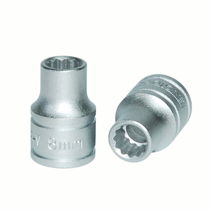 Silver Teng Tools 3/8" Socket 12 point with engraving of tool details on the side, two are shown laying