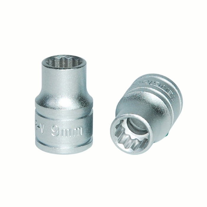 Silver Teng Tools 3/8" Socket 12 point with engraving of tool details on the side, two are shown laying on a white background