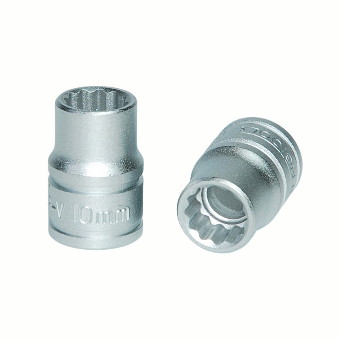 Silver Teng Tools 3/8" Socket 12 point with engraving of tool details on the side, two are shown laying on a white background