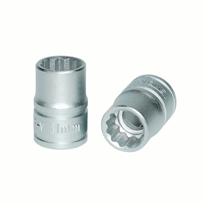 Silver Teng Tools 3/8" Socket 12 point with engraving of tool details on the side, two are shown laying on a white background