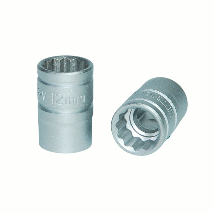 Silver Teng Tools 3/8" Socket 12 point with engraving of tool details on the side, two are shown laying on a white background