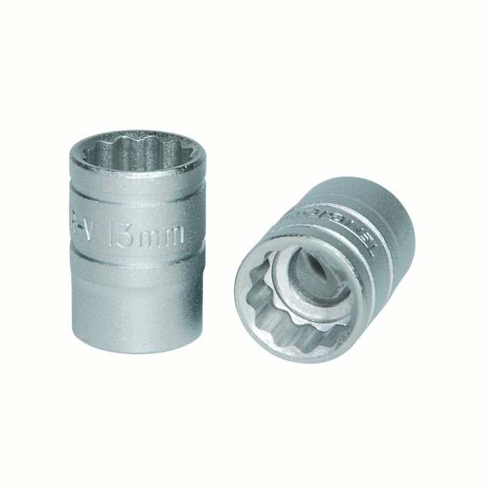 Silver Teng Tools 3/8" Socket 12 point with engraving of tool details on the side, two are shown laying on a white background