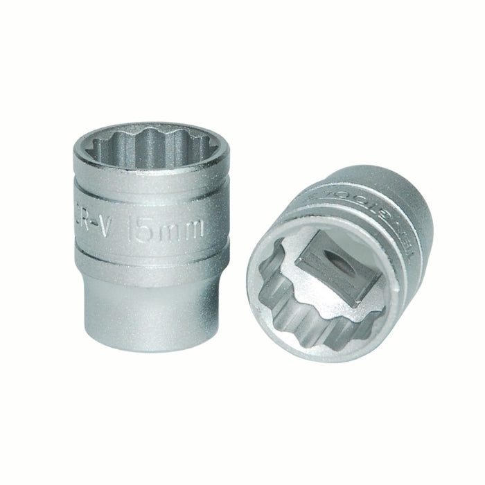 Silver Teng Tools 3/8" Socket 12 point with engraving of tool details on the side, two are shown laying
