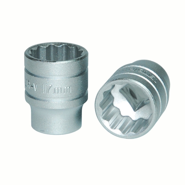 Silver Teng Tools 3/8" Socket 12 point with engraving of tool details on the side, two are shown laying on a white background