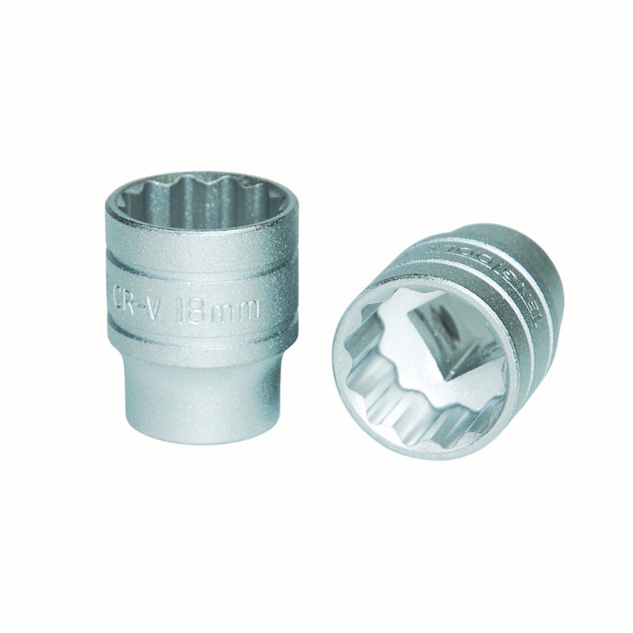 Silver Teng Tools 3/8" Socket 12 point with engraving of tool details on the side, two are shown laying on a white background