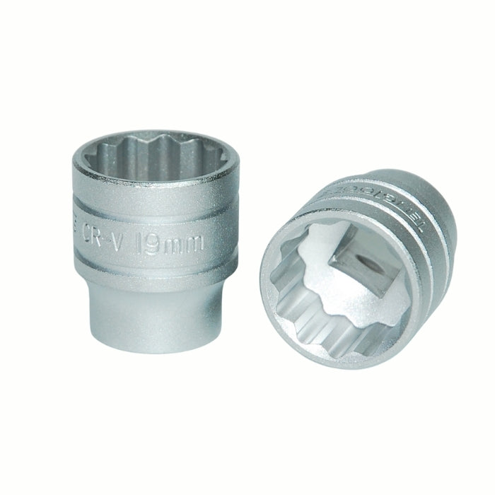 Silver Teng Tools 3/8" Socket 12 point with engraving of tool details on the side, two are shown laying