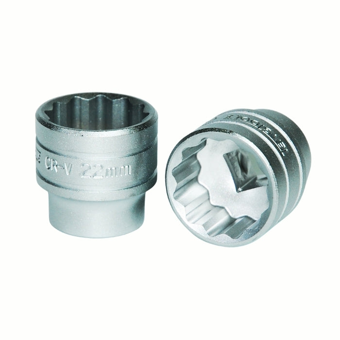 Silver Teng Tools 3/8" Socket 12 point with engraving of tool details on the side, two are shown laying on a white background