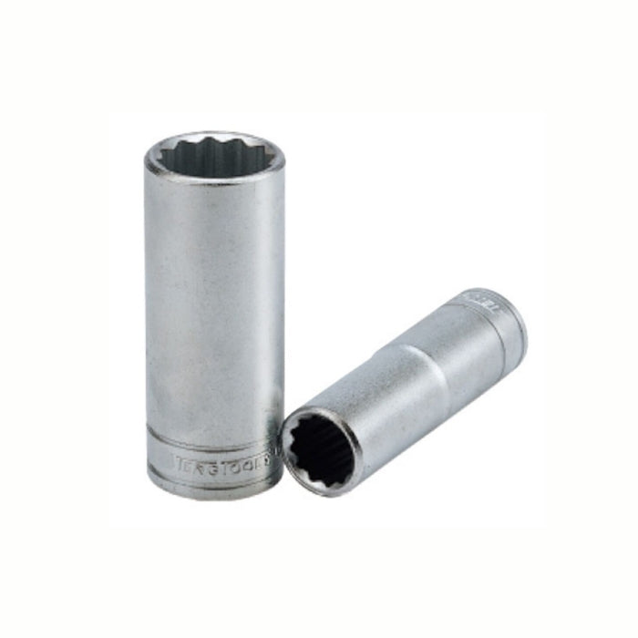 Silver Teng Tools 3/8" Deep Socket 12 point with engraving of tool details on the side, two are shown laying on a white background