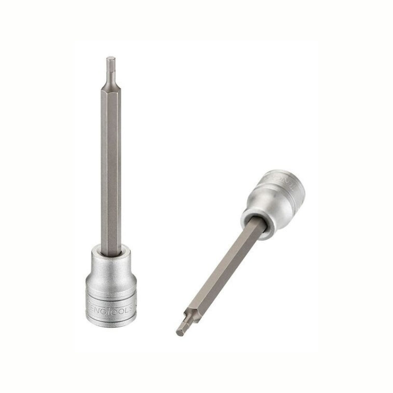 Silver Teng Tools 3/8" Long Bit Socket with engraving of the tool details on the side, two are shown laying on a white background