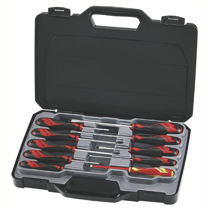 Red and Black Teng Tools Screwdriver Set Mixed 10 Pieces in a black carry case, on a white background