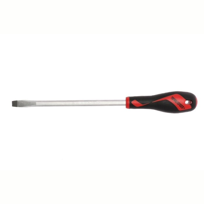 Teng Tools Flat Screwdriver with red and black handle on a white background
