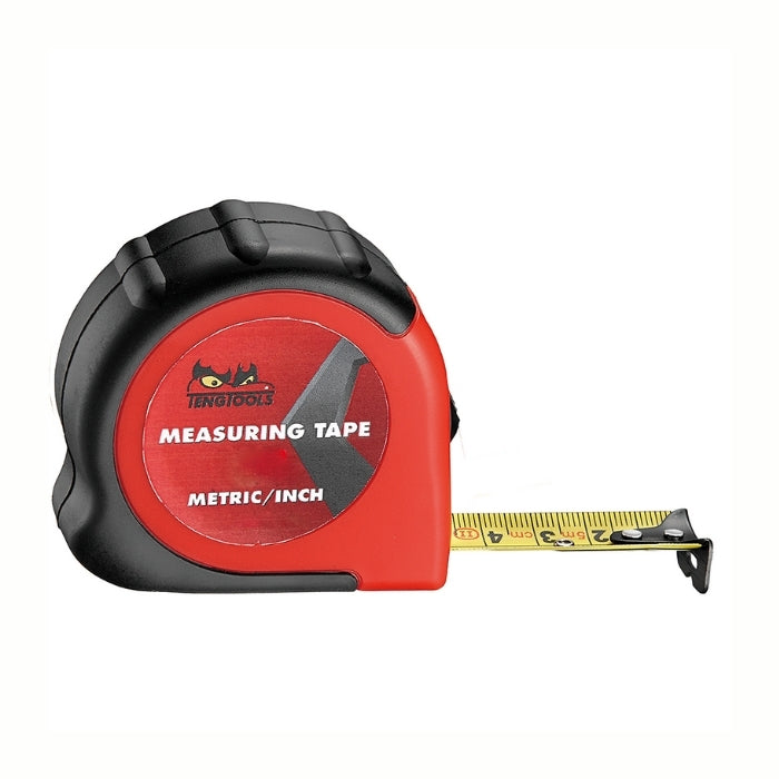 Red and Black Teng Tools Measuring Tape with logo on the side and yellow measuring tape slightly out, on a white background