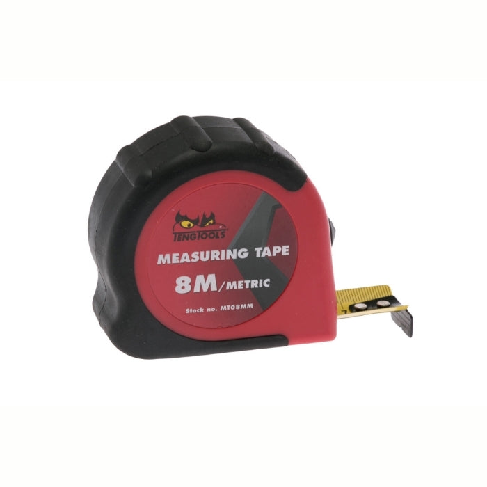 Red and Black Teng Tools Measuring Tape with logo on the side and yellow measuring tape slightly out,
