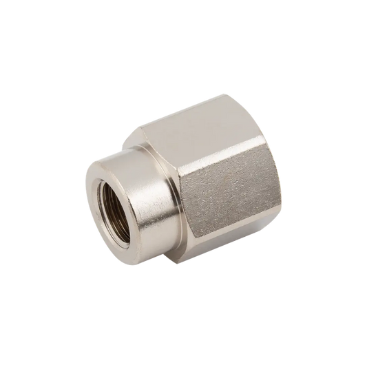 Silver Brass Nickel Female Hex Nipple Reducing Socket Fitting on a white background