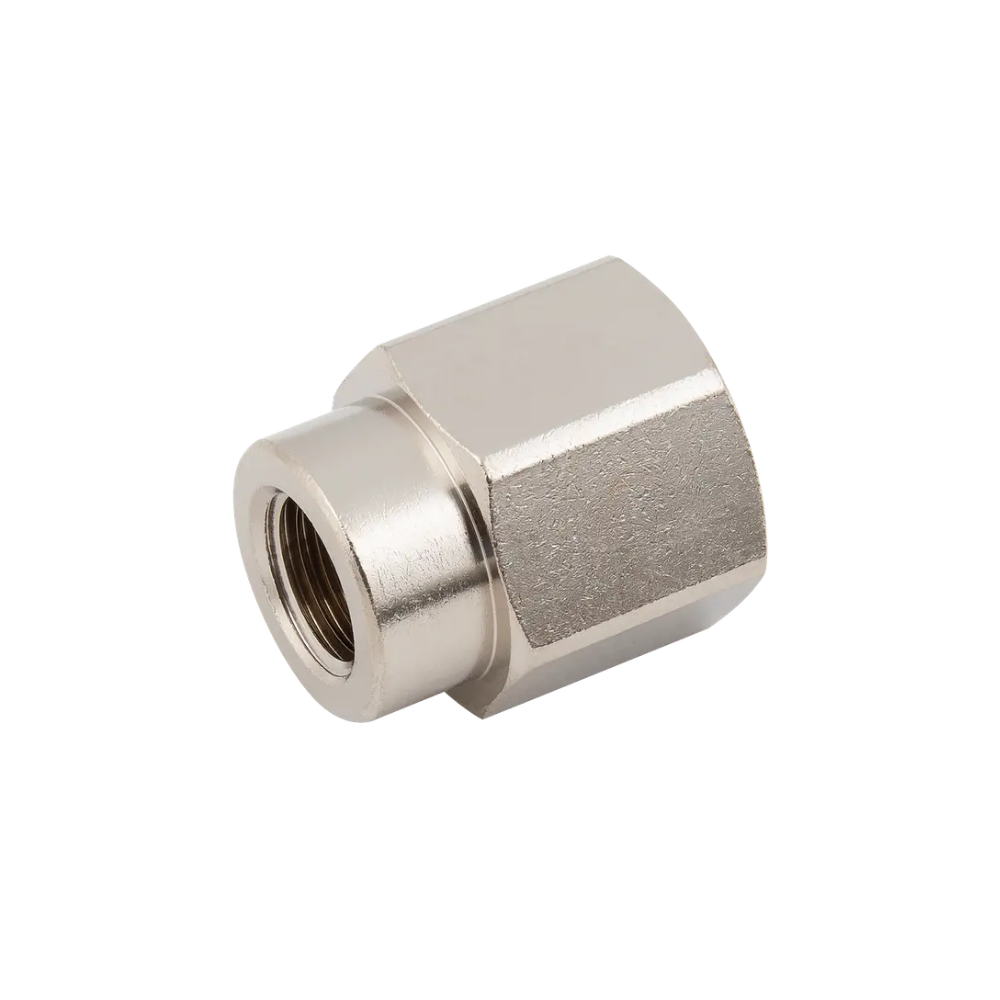Silver Brass Nickel Female Hex Nipple Reducing Socket Fitting on a white background