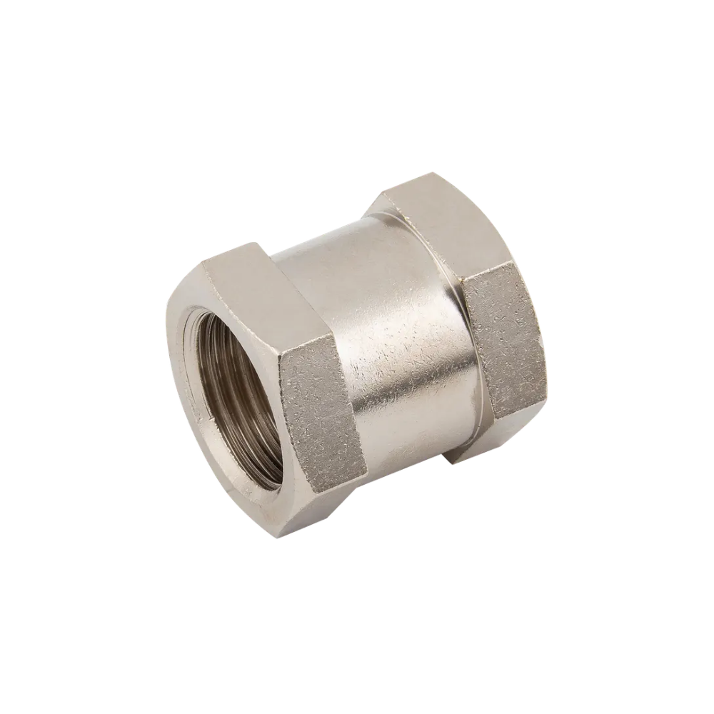 Silver Brass Nickel Female Hex Nipple Reducing Socket Fitting on a white background