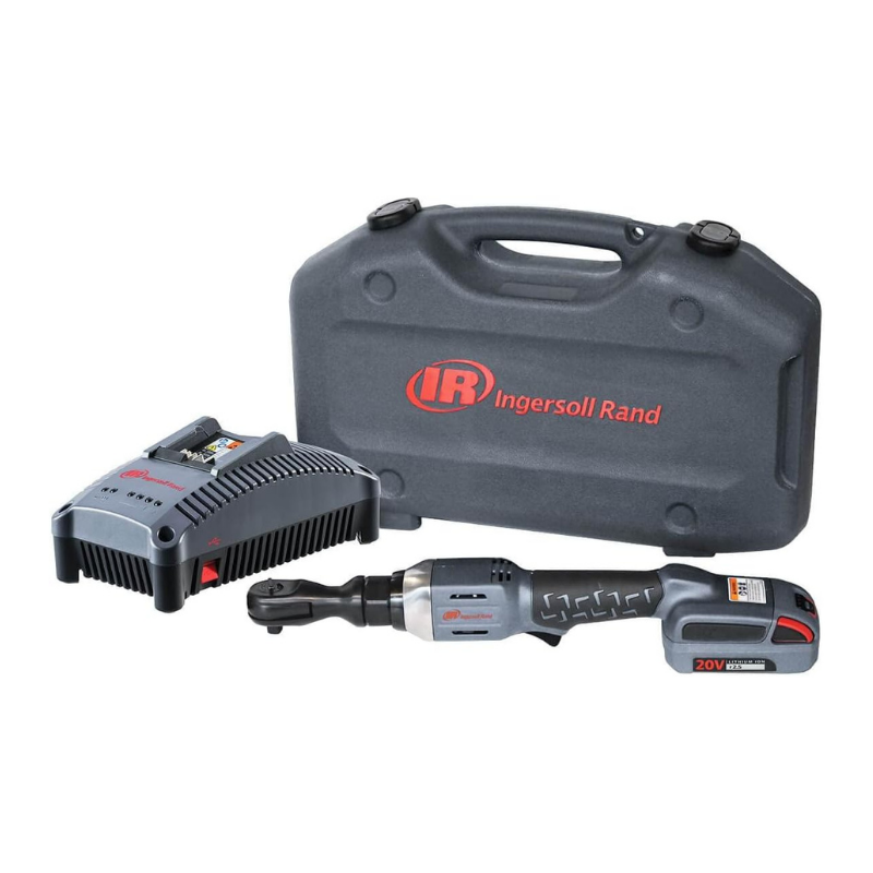Grey Ingersoll Rand Ratchet Power Tool with red detailling and logo, with 2x battery pack, charger, and carry case on a white background