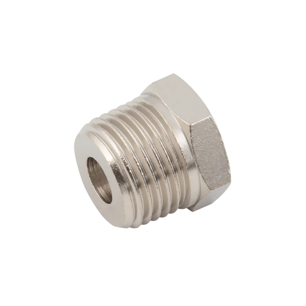 Silver Nickel Male to Female Threaded Hex Stud Fitting on a white background
