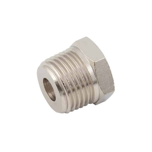 Silver Nickel Male to Female Threaded Hex Reducing Fitting on a white background