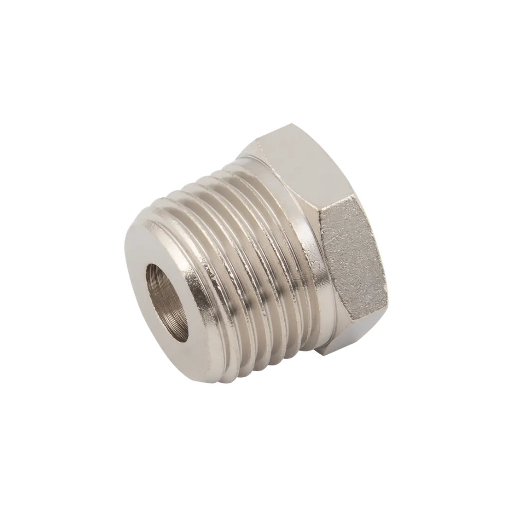 Silver Nickel Male to Female Threaded Hex Reducing Fitting on a white background
