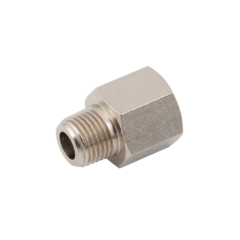 Silver Nickel Male to Female Threaded Hex Reducing Fitting on a white background