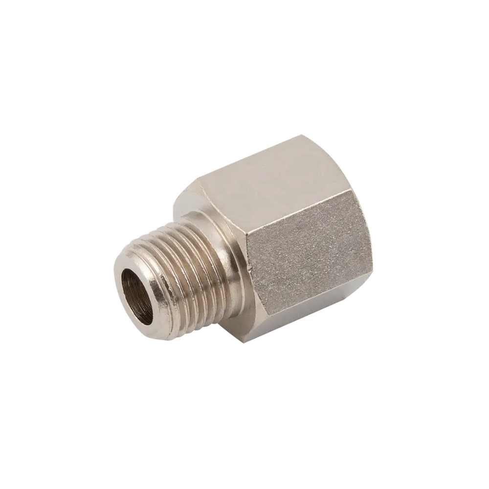 Silver Nickel Male to Female Threaded Hex Reducing Fitting on a white background