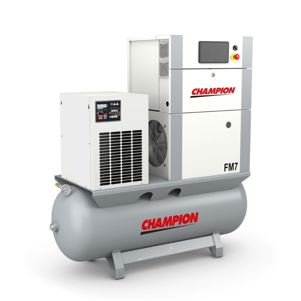 Grey Champion air compressor with reg logo on the side on a white background