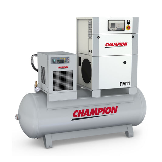 Grey Champion air compressor with reg logo on the side on a white background