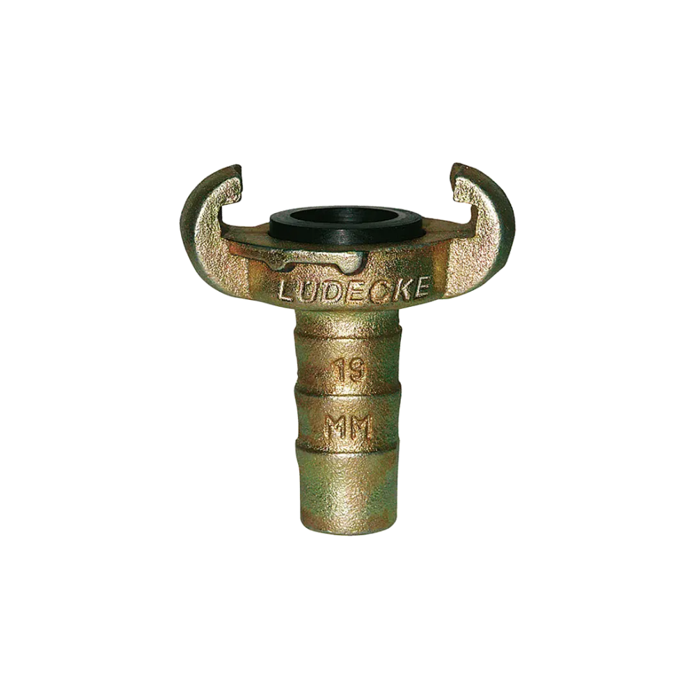 Gold Brass Claw Coupler Fitting on a white background