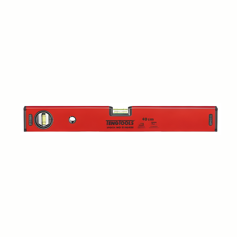 Red Teng Tools Spirit Level Measure, with green fluid, bare tool on a white background