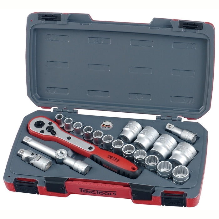 Teng Tools MECCA Pro 1/2" Socket Set 12 Point 21 Pieces in red, black and grey carry case, on a white background