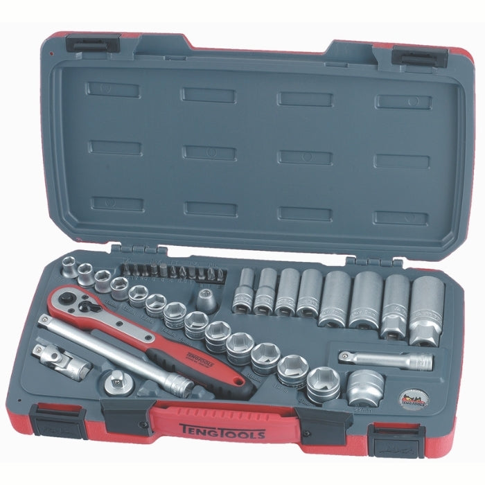 Teng Tools MECCA Pro 3/8" Socket Set 6 Point 39 Pieces in red, black and grey carry case, on a white background