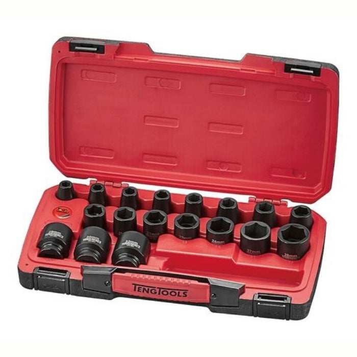 Teng Tools MECCA Pro 1/2" Impact Socket Set DIN 22 Pieces in red and black carry case, on a white background