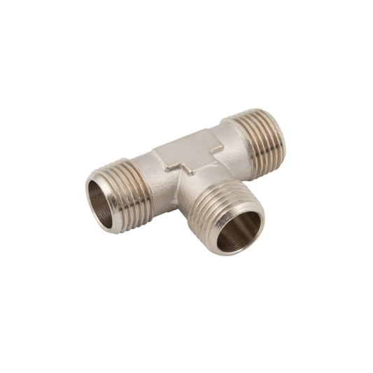 Silver Nickel Male Equal Tee Fitting on a white background