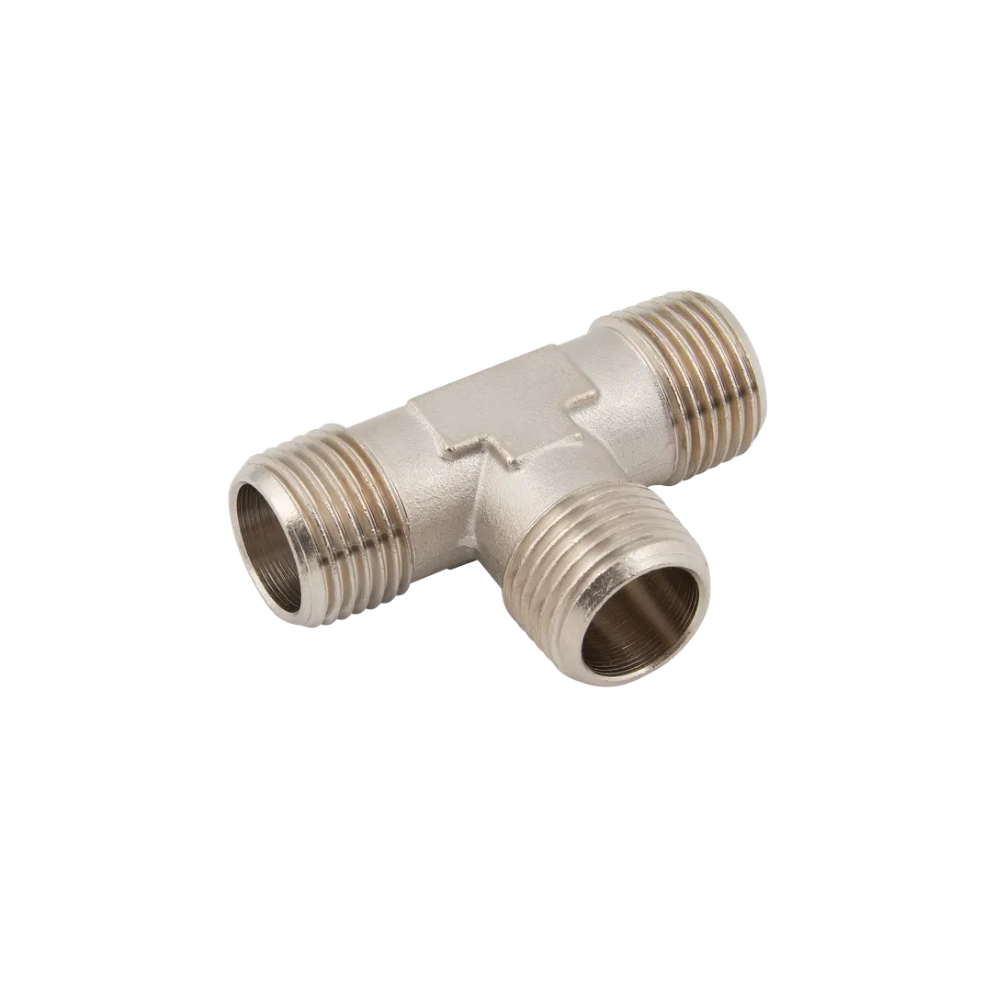 Silver Nickel Male Equal Tee Fitting on a white background