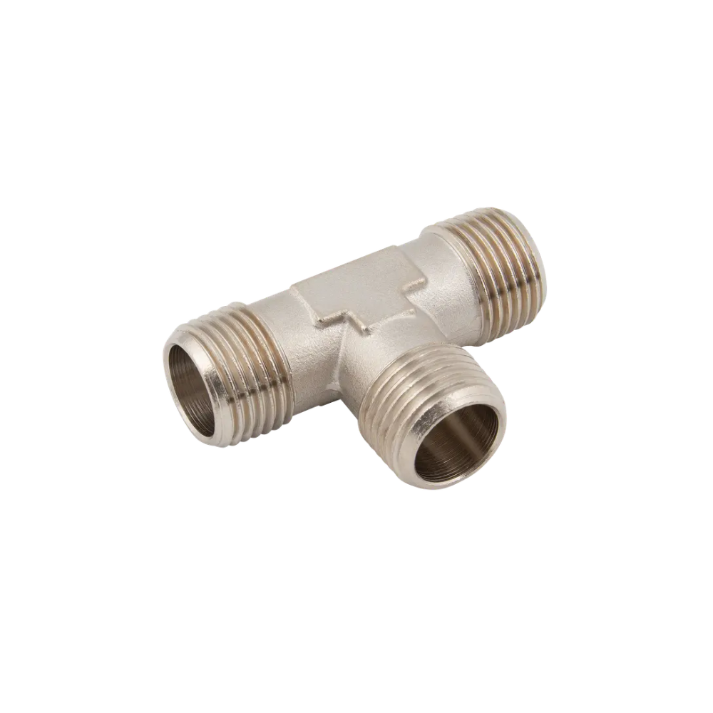Silver Nickel Male Equal Tee Fitting on a white background