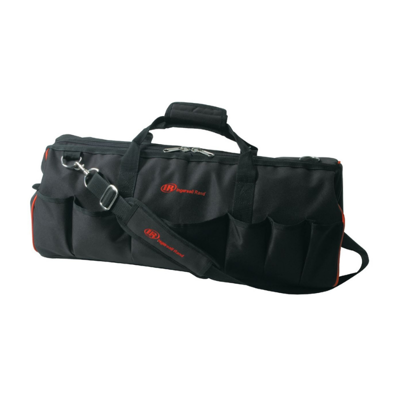 Black Ingersoll Rand Long Toolbag with red logo detailing, long strap, on a white background