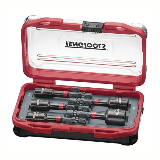 Teng Tools Impact Nut Setter 5 Piece Set with red and black carry case, and transparent lid flipped open, on a white background