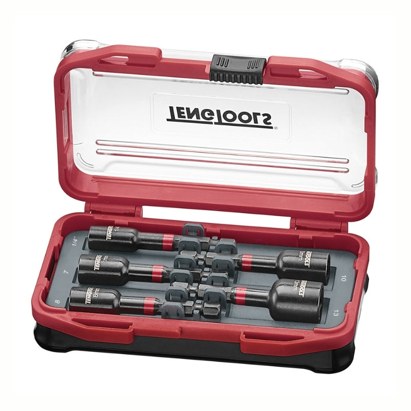 Teng Tools Impact Nut Setter 5 Piece Set with red and black carry case, and transparent lid flipped open,