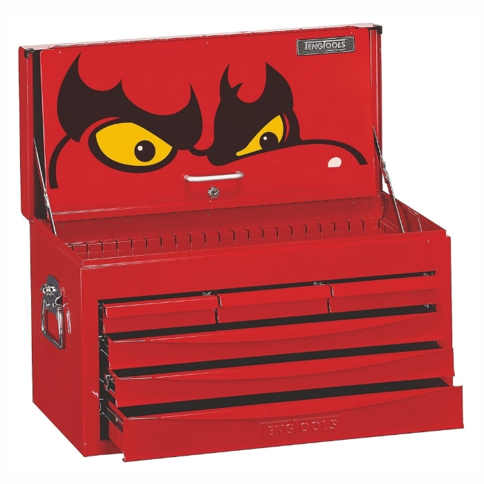 Red Teng Tools 26" Classic Tool Chest 6 Drawers with logo on the top, drawers slightly open,