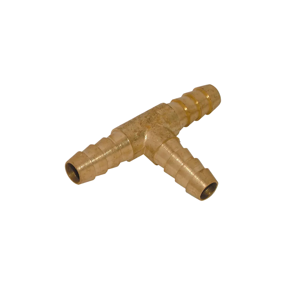 Gold Brass Equal Hose Tail Tee Fitting on a white background