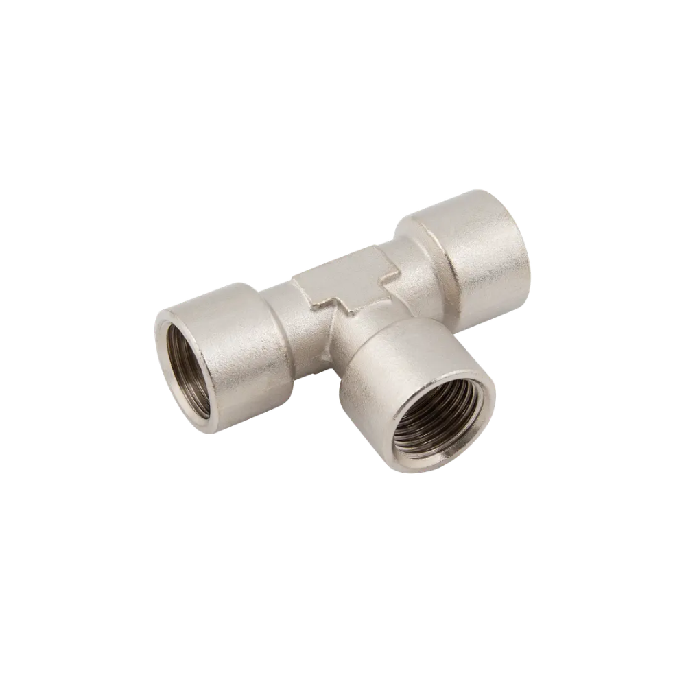 Silver Nickel Female Equal Tee Fitting on a white background