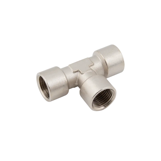 Silver Nickel Female Equal Tee Fitting on a white background