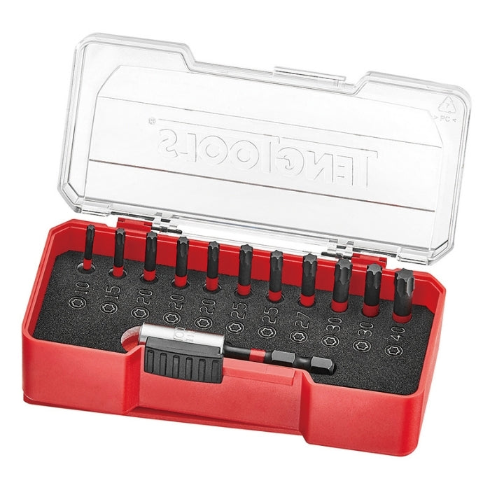 Red and Black Teng Tools Impact Bit Set With Belt Clip 12 Pieces, transparent lid open, on a white background