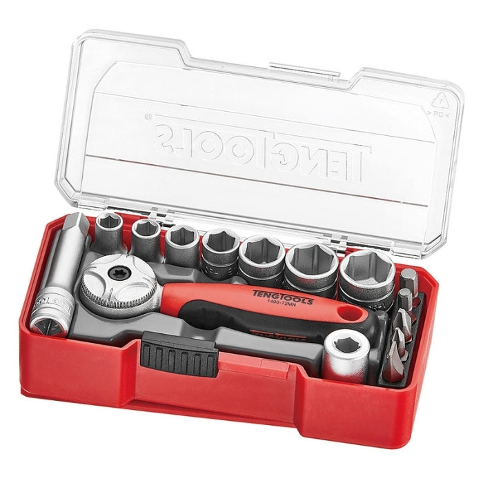 Red and Black Teng Tools 1/4" Socket Set 6 Point With Belt Clip 15 Pieces, transparent lid open, on a white background