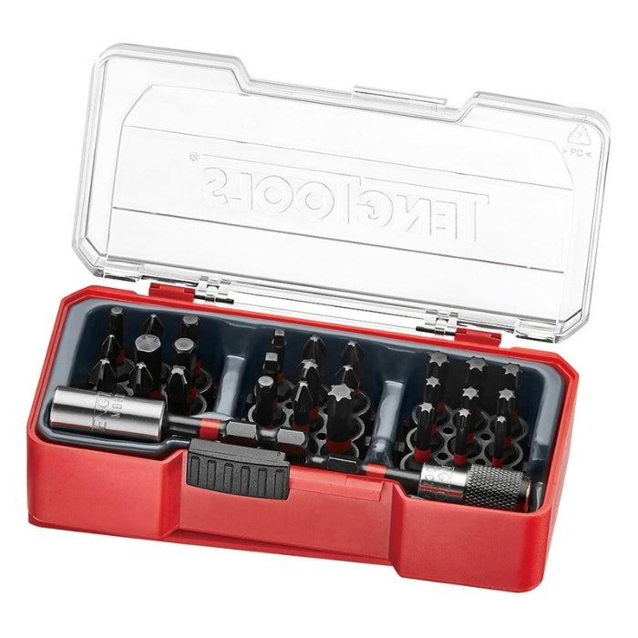 Red Teng Tools Impact Bit Set With Belt Clip Mixed 29 Pieces, transparent lid open, on a white background