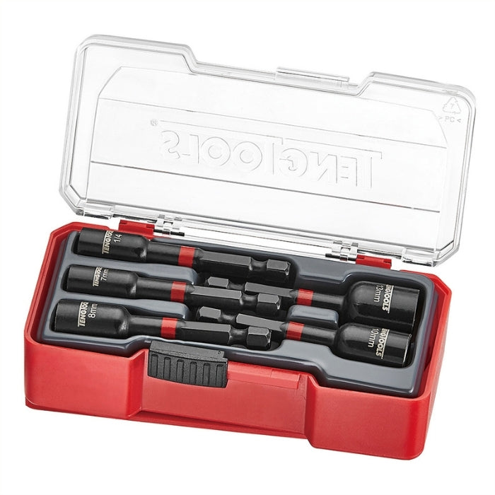 Red Teng Tools Impact Nut Setter Set With Belt Clip 5 Pieces, transparent lid open, on a white background